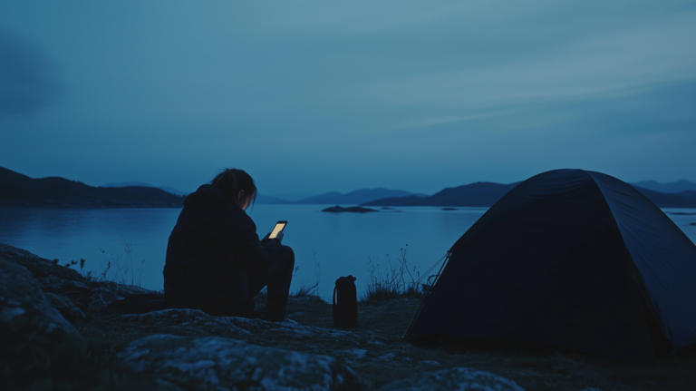 VodafoneThree satellite connectivity used on a smartphone in a remote UK not-spot at dusk