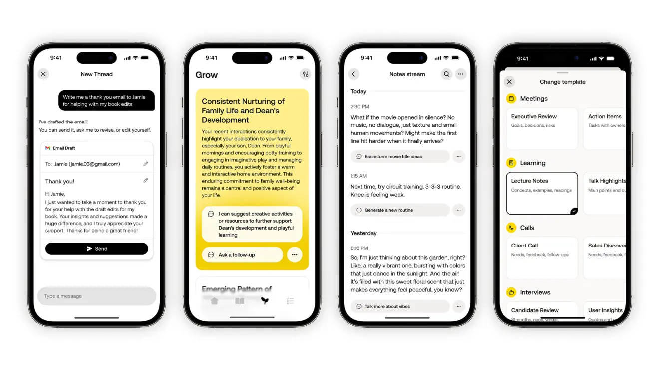 Amazon Bee feature interfaces showing email, personal growth, note-taking and scheduling app workflows