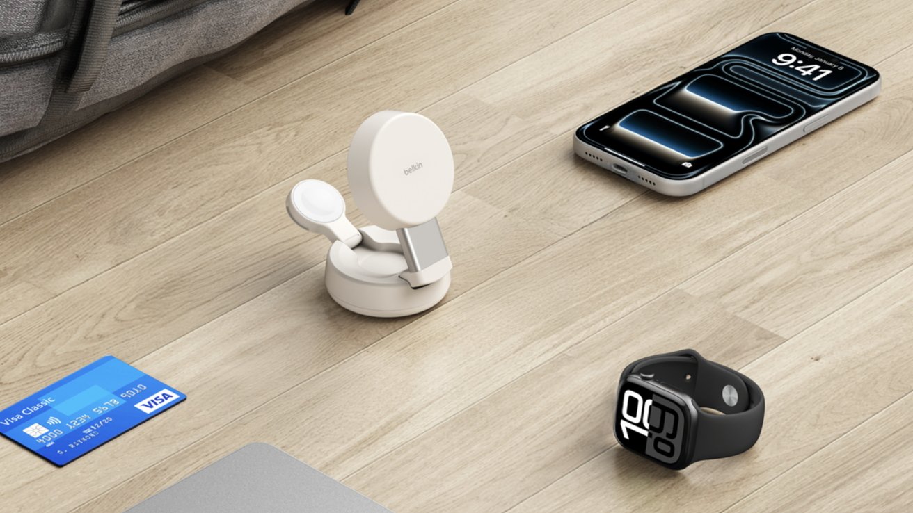 Belkin BoostCharge Pro slim Qi2 MagSafe battery bank attached to an iPhone with kickstand deployed in landscape