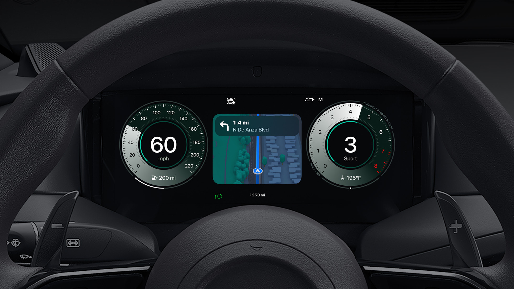 Apple CarPlay Ultra UK navigation view rendering Maps into the driver instrument cluster