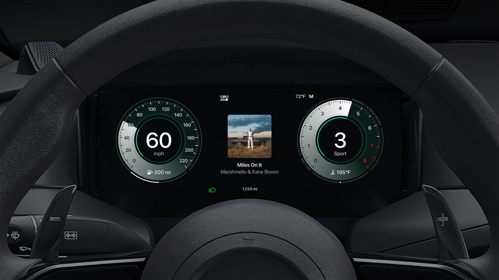 Apple CarPlay Ultra UK now playing music view rendered on Aston Martin cluster