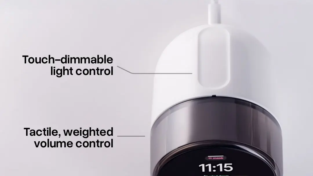 Ambient Dreamie alarm clock light dimmer and control ring detail, the controls that replace the phone bedside routine