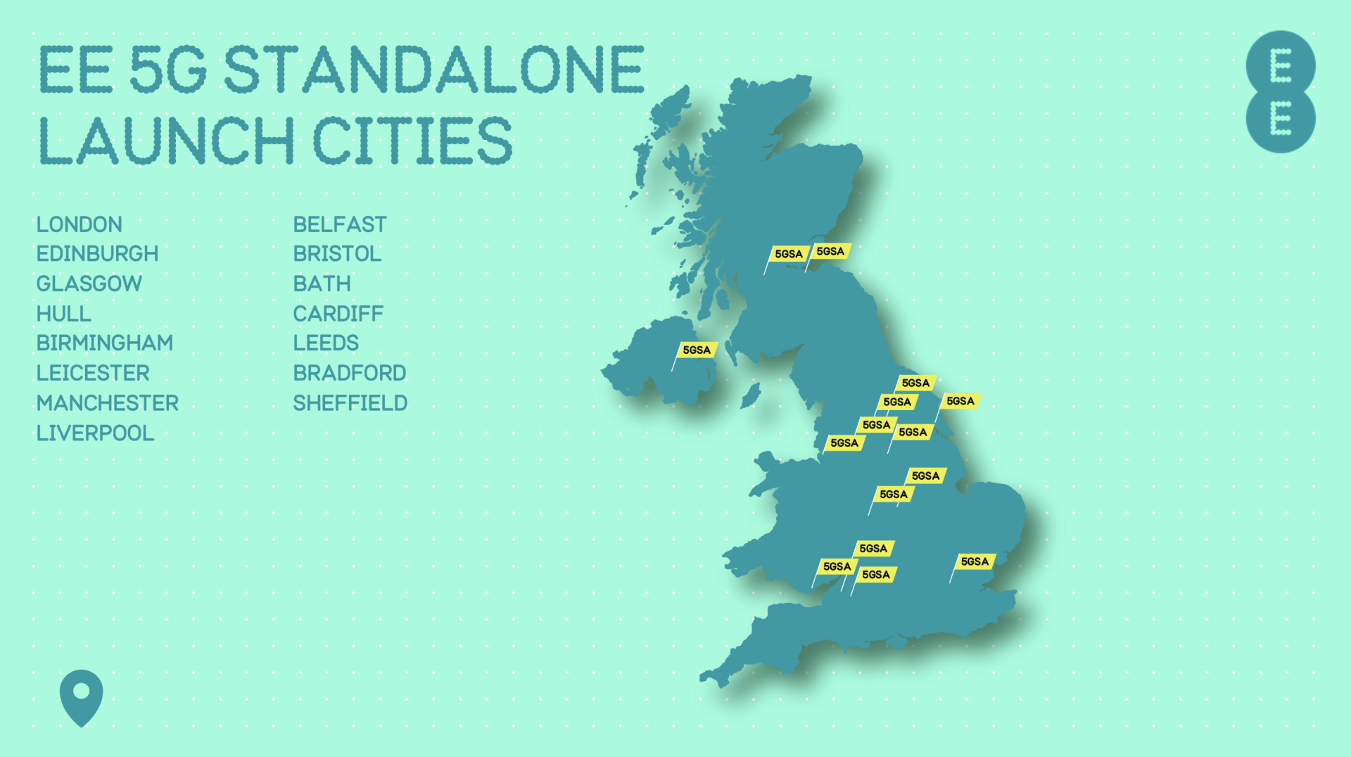 EE official 5G Standalone launch cities map showing UK coverage locations