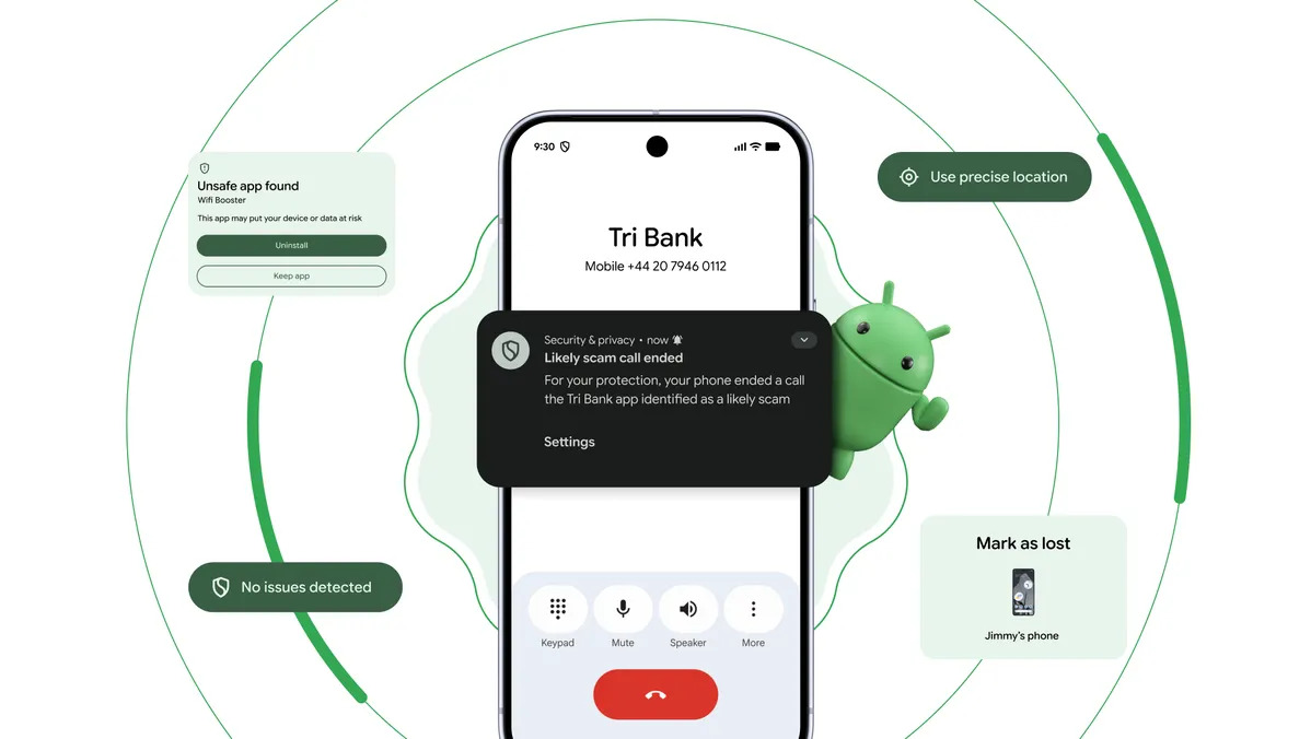 Android security features powered by Gemini including scam call detection