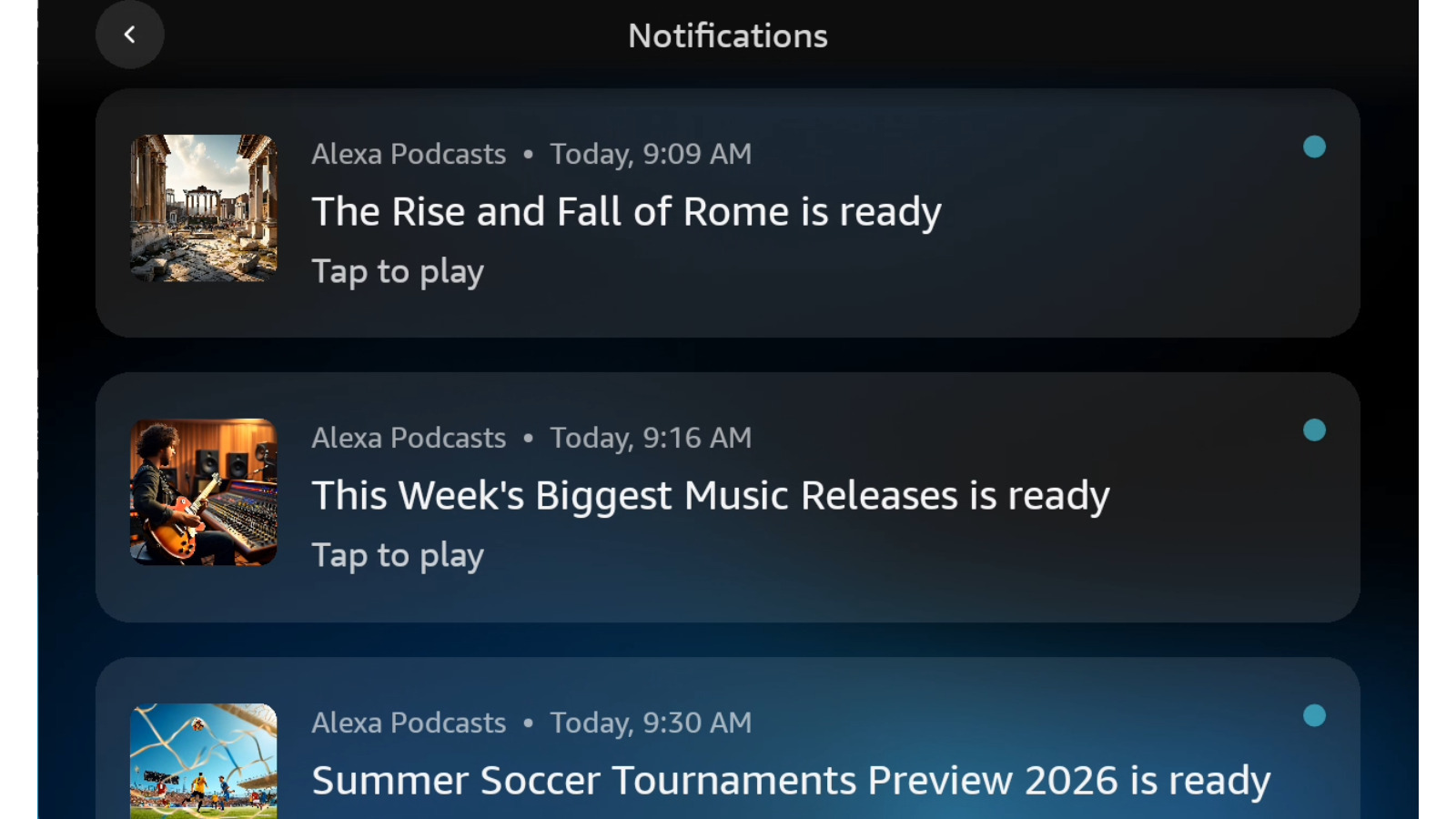 Amazon Alexa Podcasts ready-to-play notifications on an Echo Show