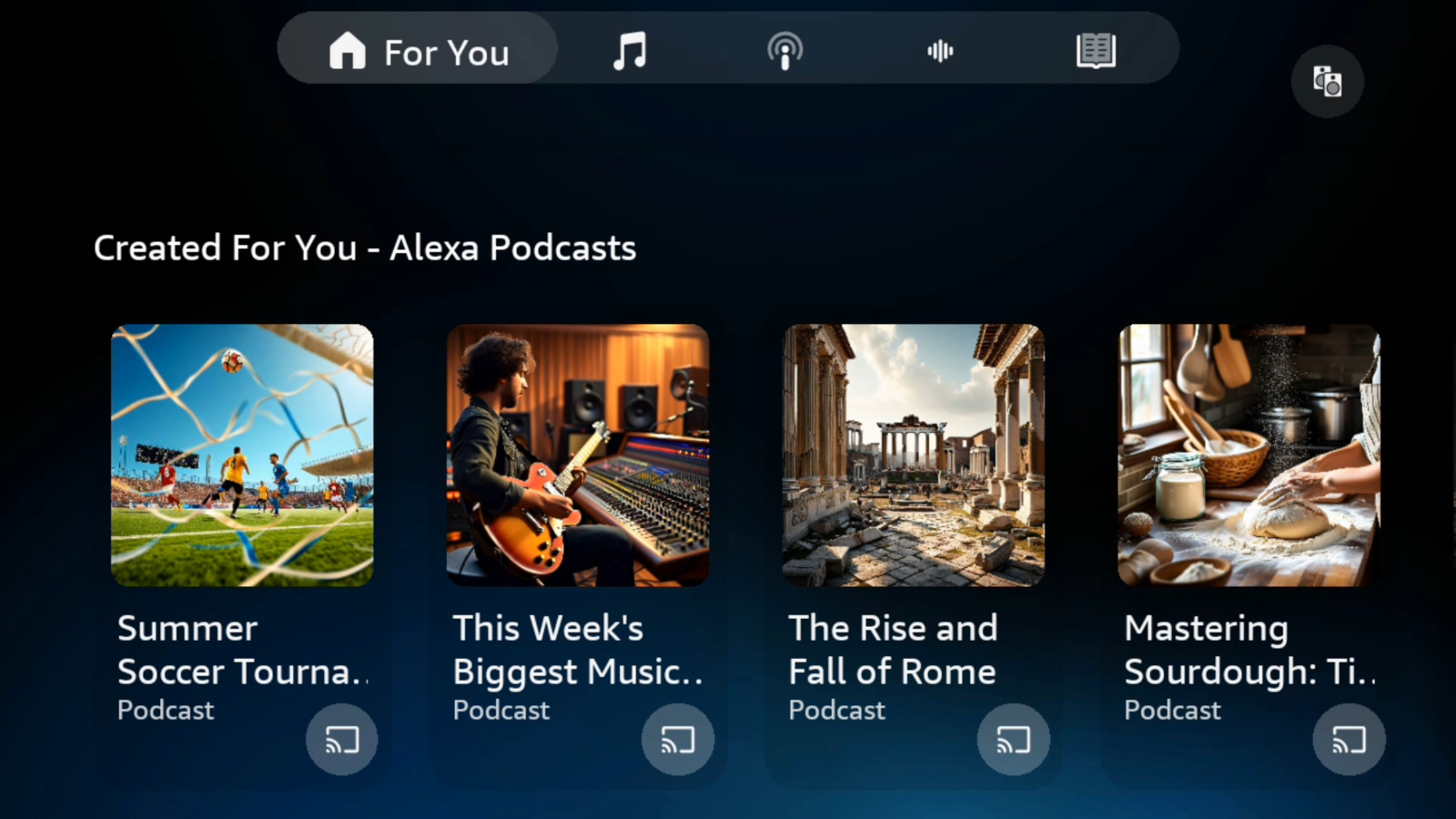 Amazon Alexa Podcasts Created For You screen with AI-generated episodes