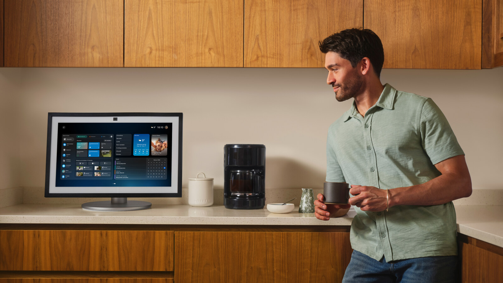 Echo Show running Alexa+ in a kitchen, the hardware behind Amazon Alexa Podcasts