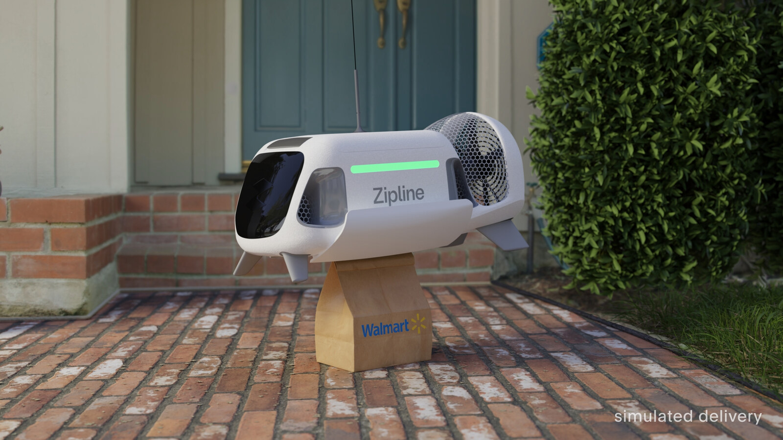 Zipline drone delivery droid completing a doorstep drop