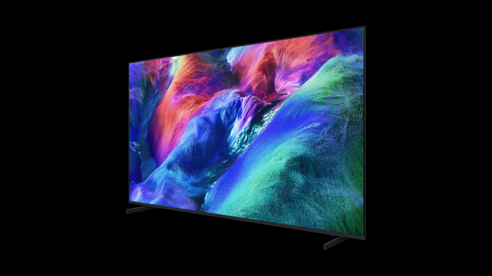 Samsung Micro RGB TV R85H shown at an angle with a bright colourful test image