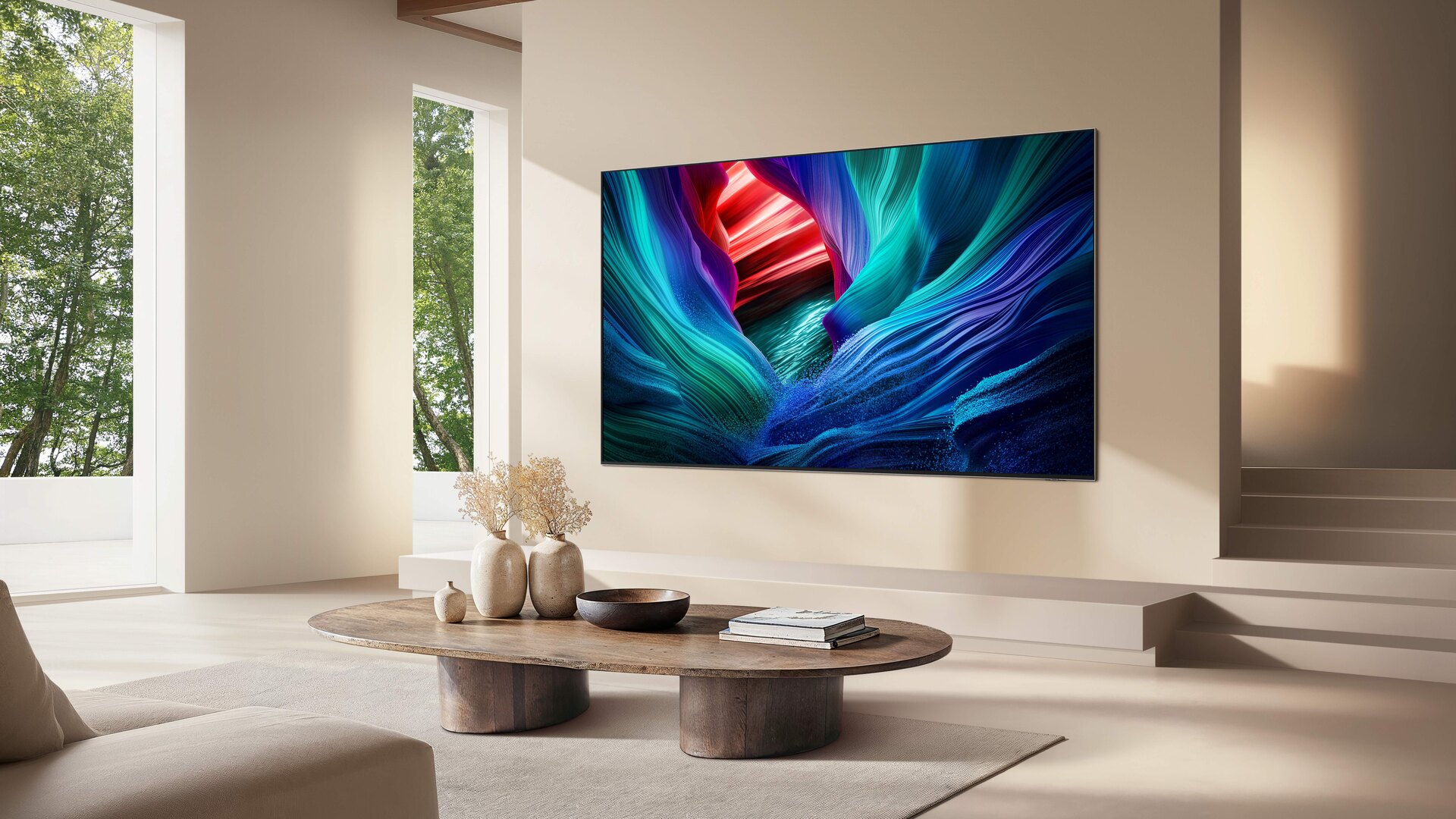 Samsung Micro RGB TV wall mounted in a bright UK living room