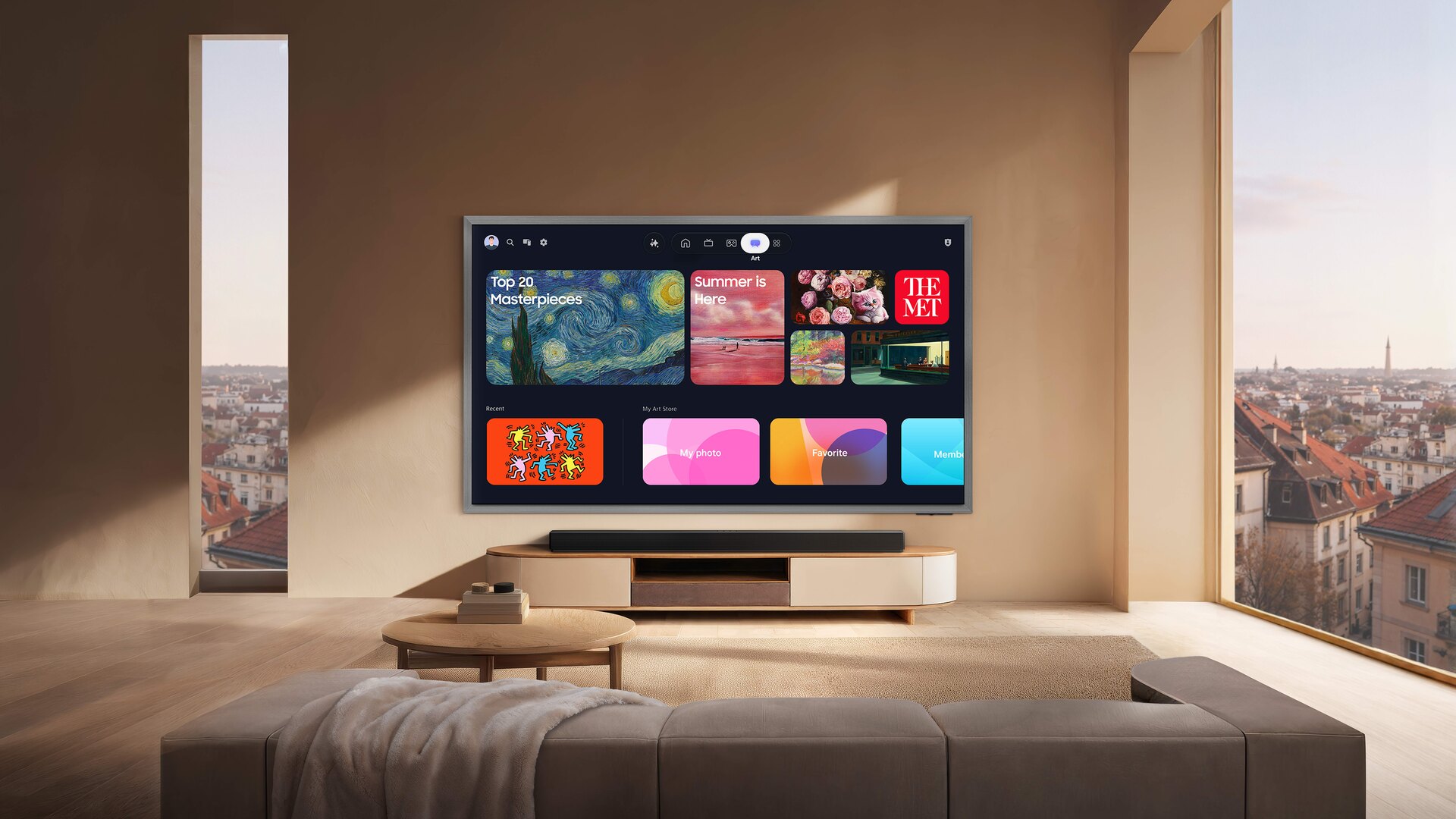 Samsung 2026 OLED TV showing the Art Store interface in a living room