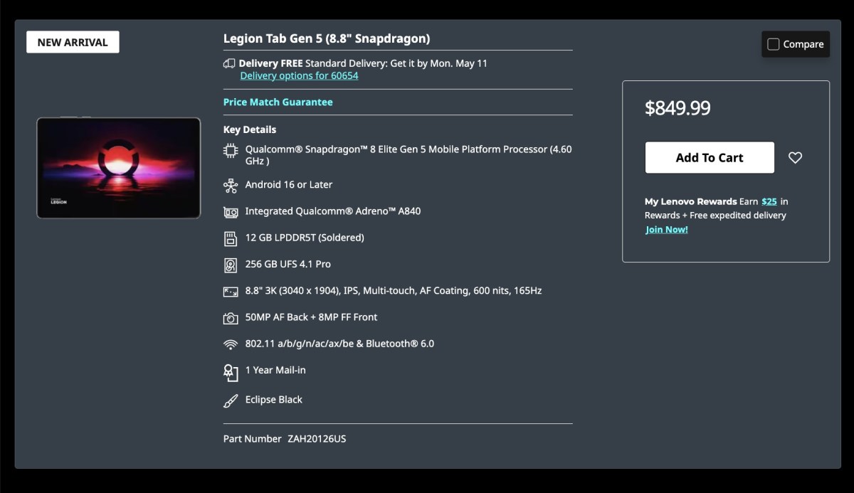 Lenovo Legion Tab Gen 5 official render highlighting the 165Hz 3K display