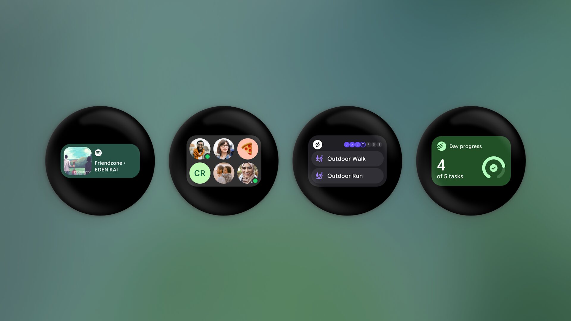 Google Wear OS 7 widgets in 2x1 and 2x2 layouts replacing tiles