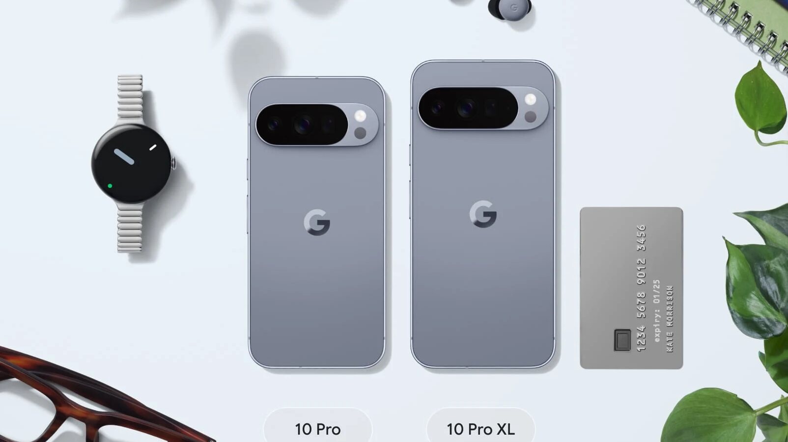 Pixel 10 Pro UK flatlay with Pixel Watch and Pixel Buds for Pixel 10 Pro vs iPhone 17 Pro UK comparison