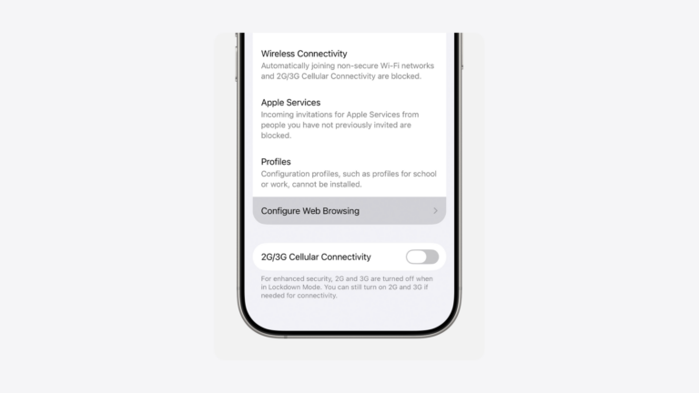 Apple iOS Settings showing Privacy and Security menu used to protect your phone from spyware with Lockdown Mode