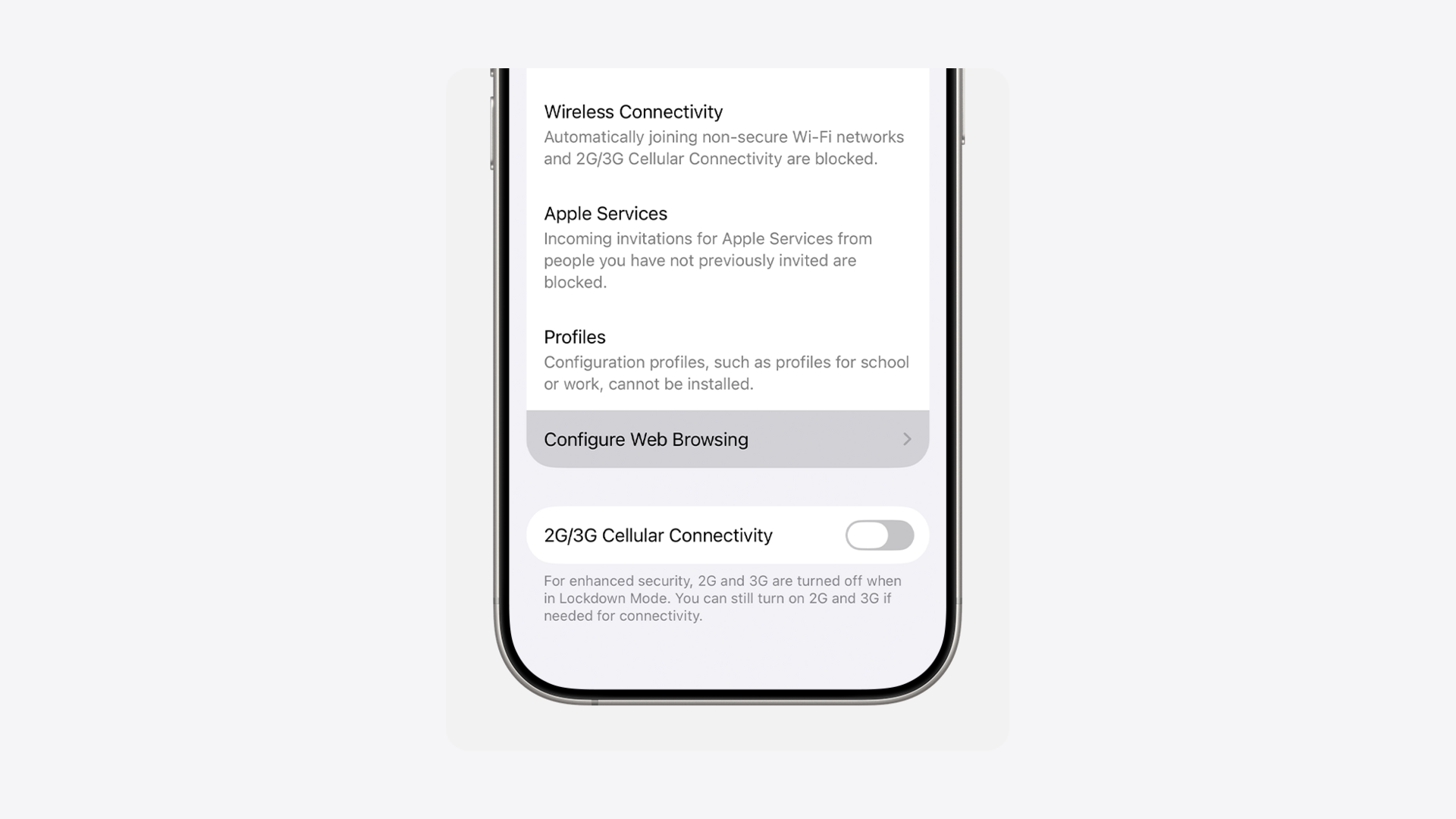 Apple iOS Settings showing Privacy and Security menu used to protect your phone from spyware with Lockdown Mode