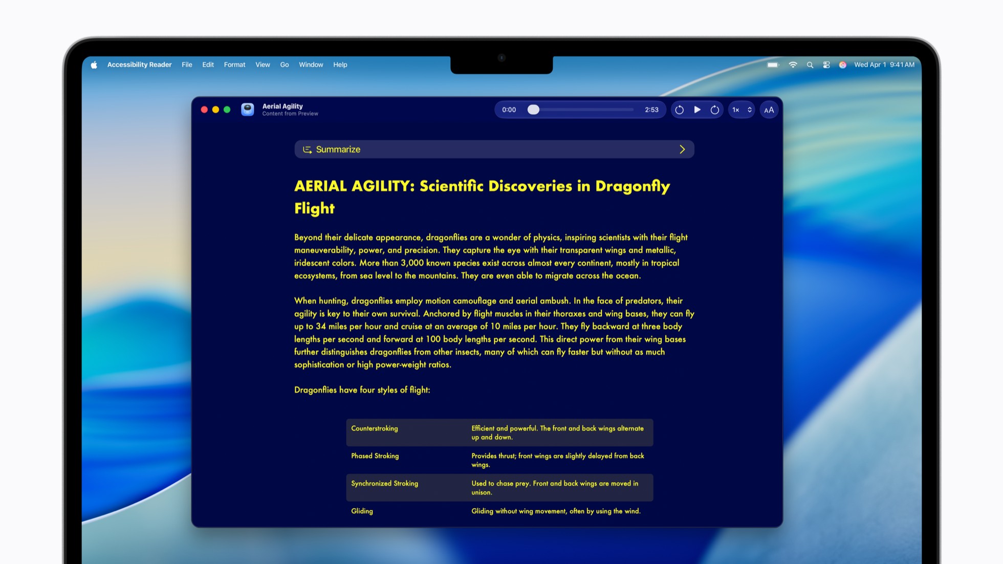 Apple accessibility features Accessibility Reader after view on macOS with Apple Intelligence summary