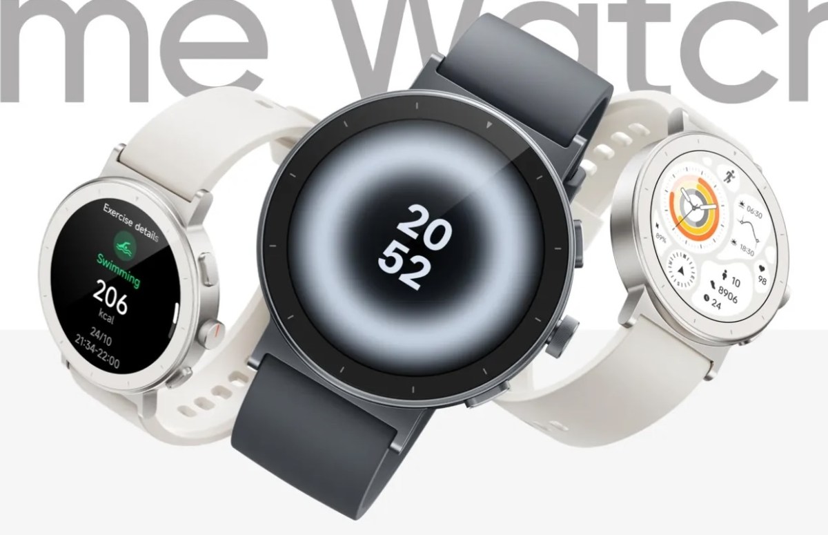 Realme Watch S5 worn on a wrist showing sports tracking interface and AMOLED display