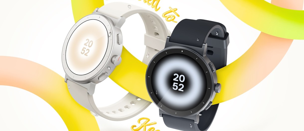 Realme Watch S5 official press image showing both Rock Grey and Sand White colour options