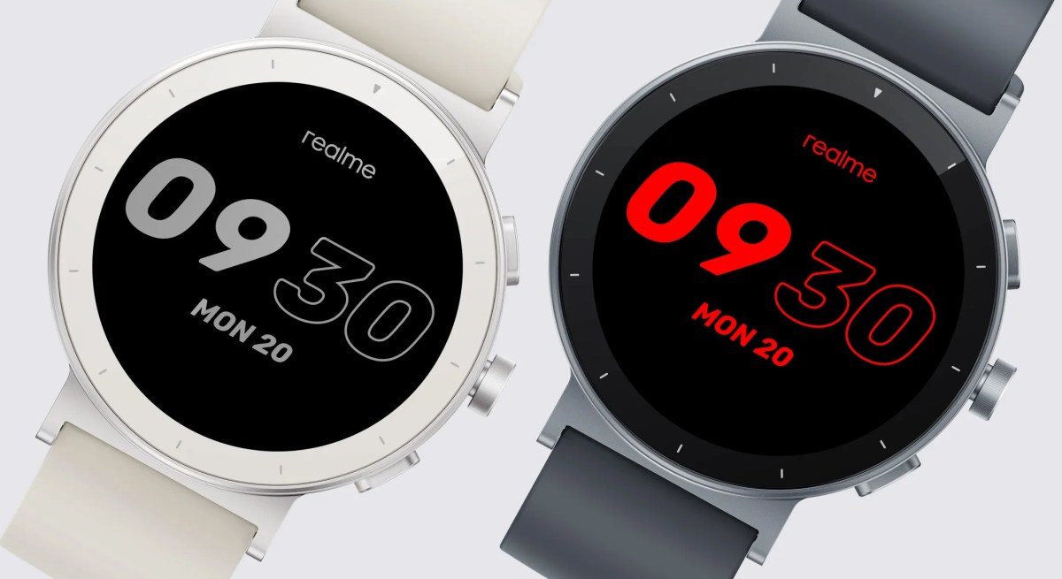 Realme Watch S5 hardware close-up highlighting the aluminum alloy case and functional crown side button