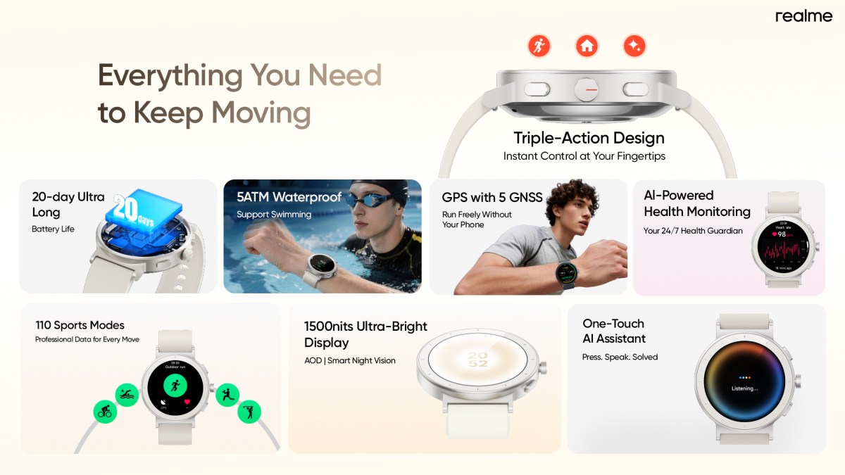 Realme Watch S5 official product photo showing the round 1.43-inch AMOLED dial and functional crown
