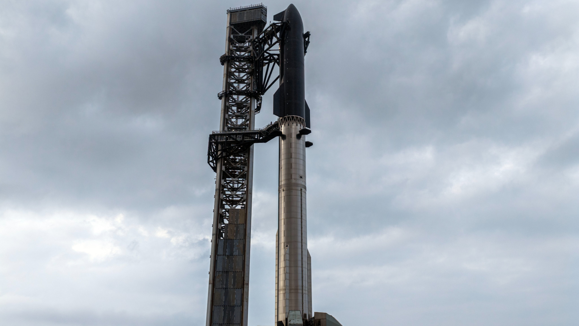 SpaceX Starship V3 stack on the launch tower at Starbase ahead of Flight 12 in May 2026