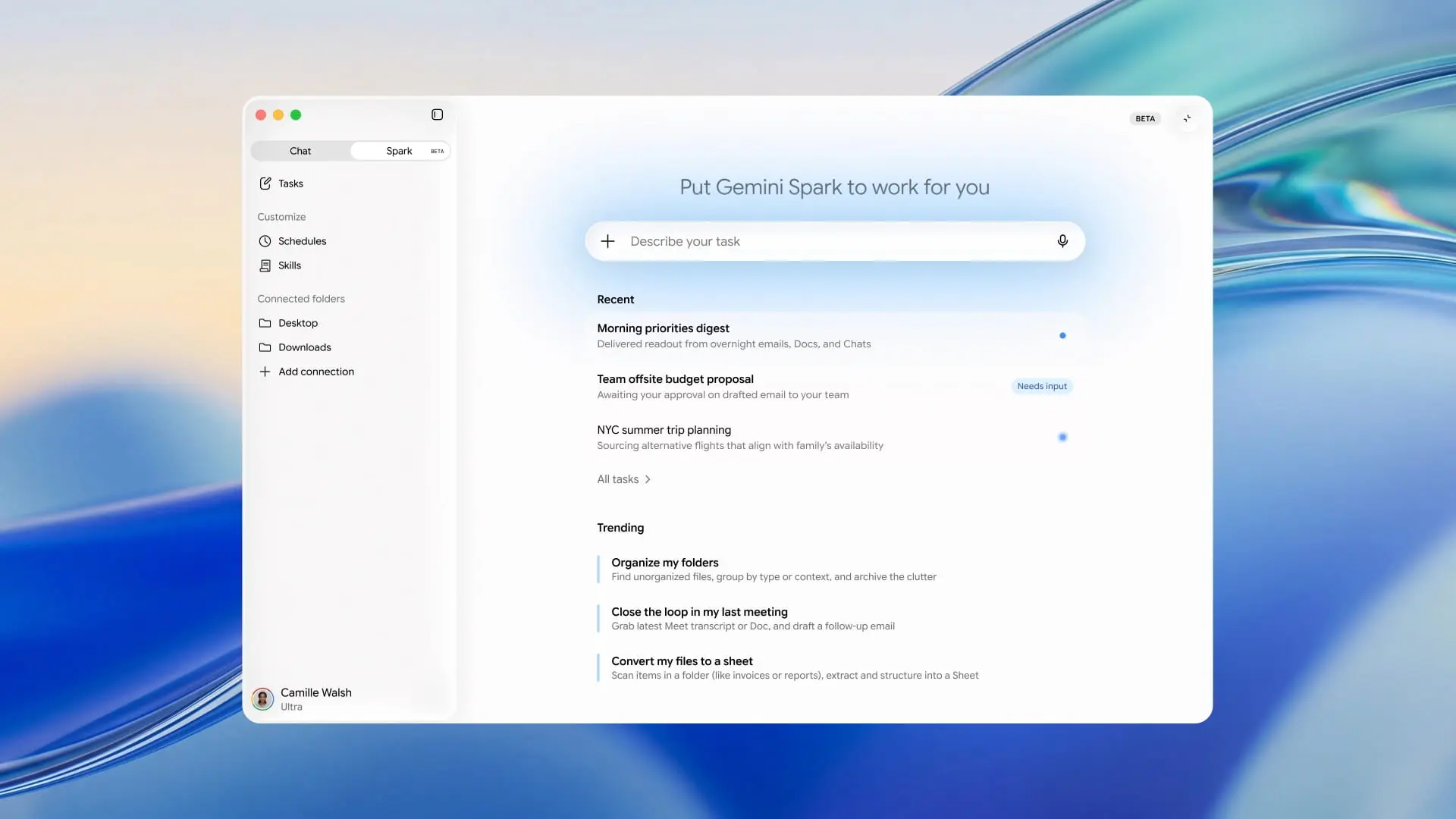Gemini Spark Mac interface showing the agent task list and confirmation gate before any action runs
