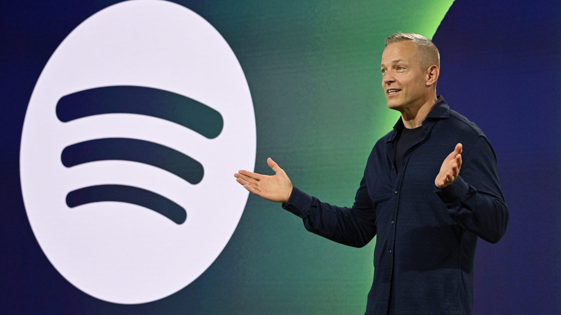 Spotify CPTO Gustav Soderstrom presenting the Spotify Studio AI strategy