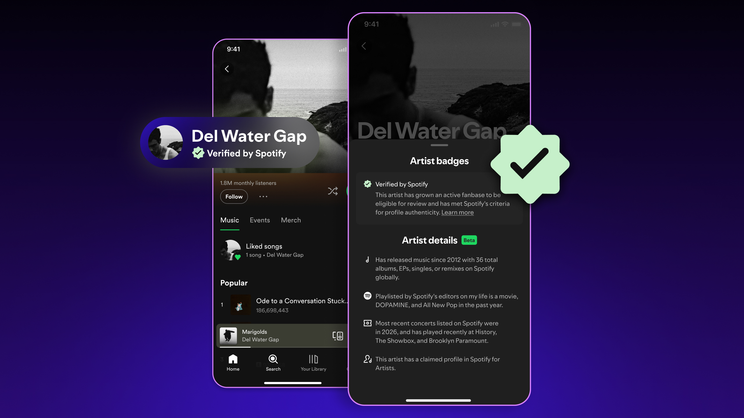 Verified by Spotify badge displayed on Del Water Gap artist profile