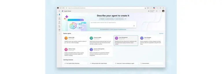 Microsoft Copilot Studio product hero showing the agent builder interface