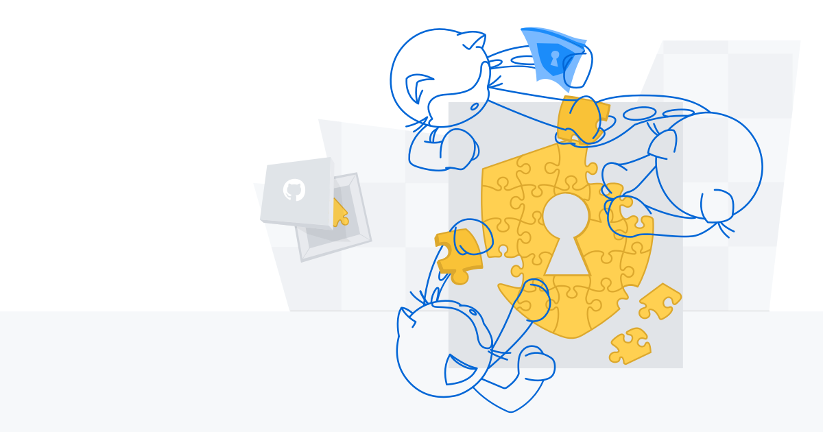 GitHub Security brand illustration showing Octocats coordinating around a lock and puzzle pieces