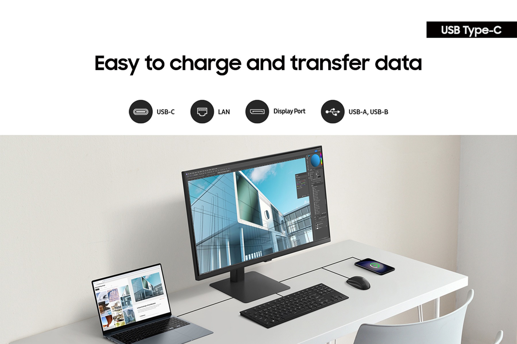 ViewFinity S8 USB-C 90W charging port for a single-cable creator desk