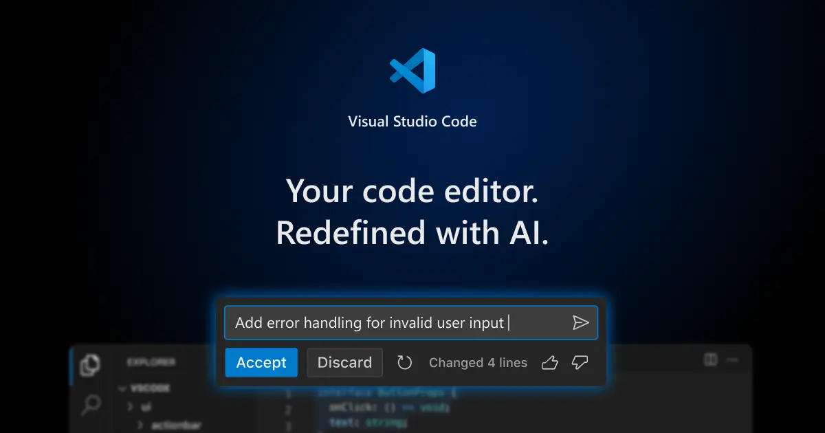Visual Studio Code official press card showing the editor branding and the extension marketplace concept