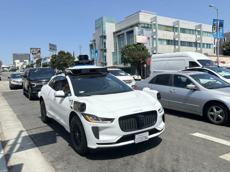 Waymo robotaxi recall Jaguar I-Pace on Westwood Boulevard Los Angeles