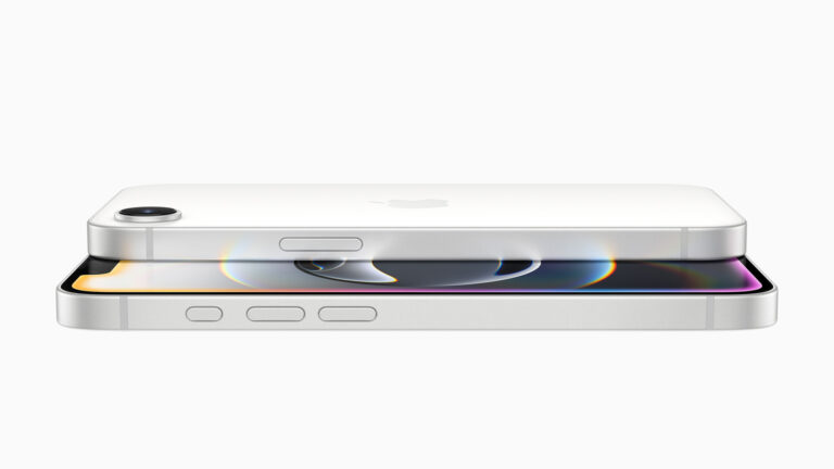 Two white Apple iPhone 16e handsets stacked, showing the back and the front display