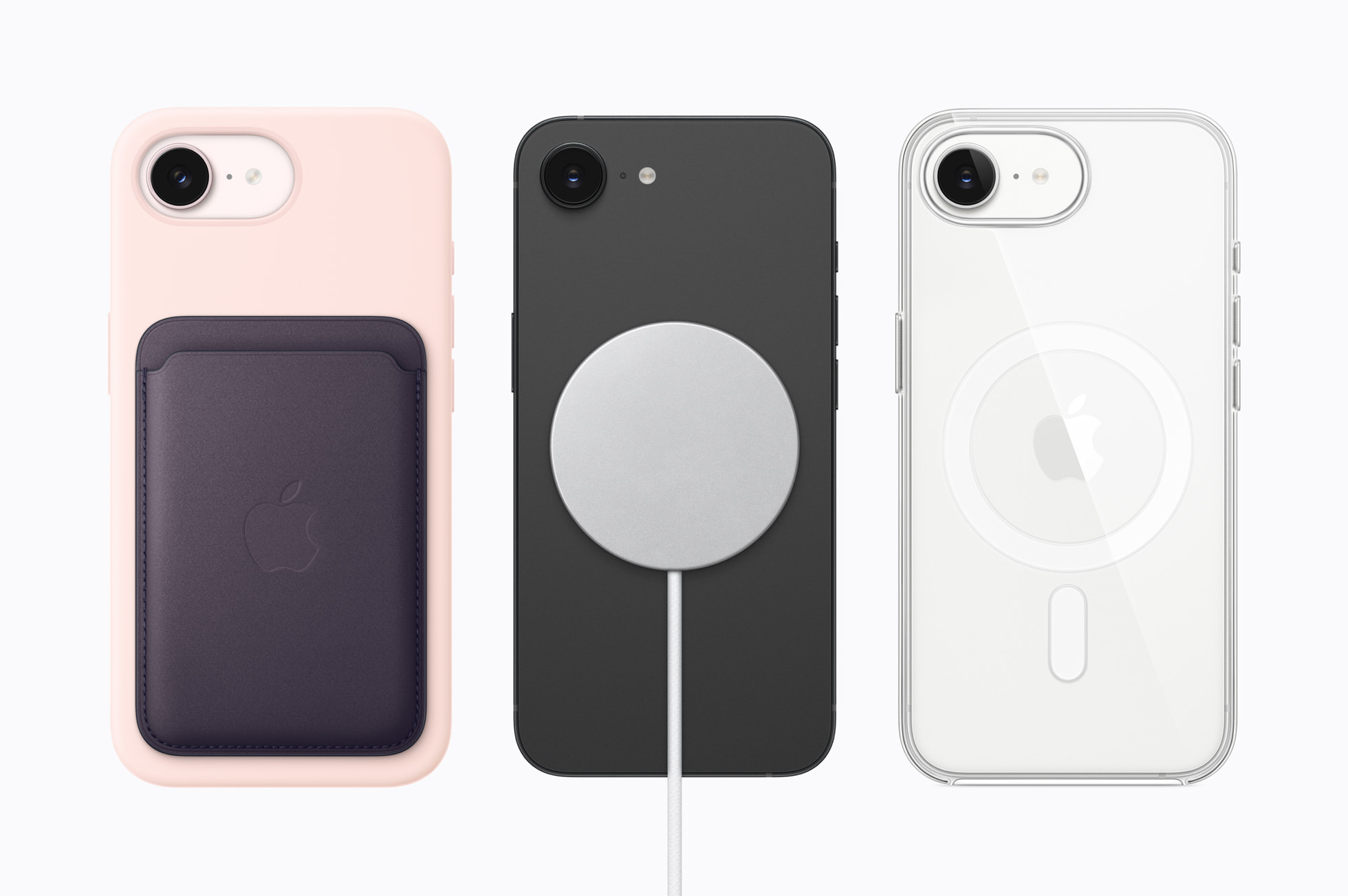 A MagSafe accessory snapping magnetically onto the back of the iPhone 17e