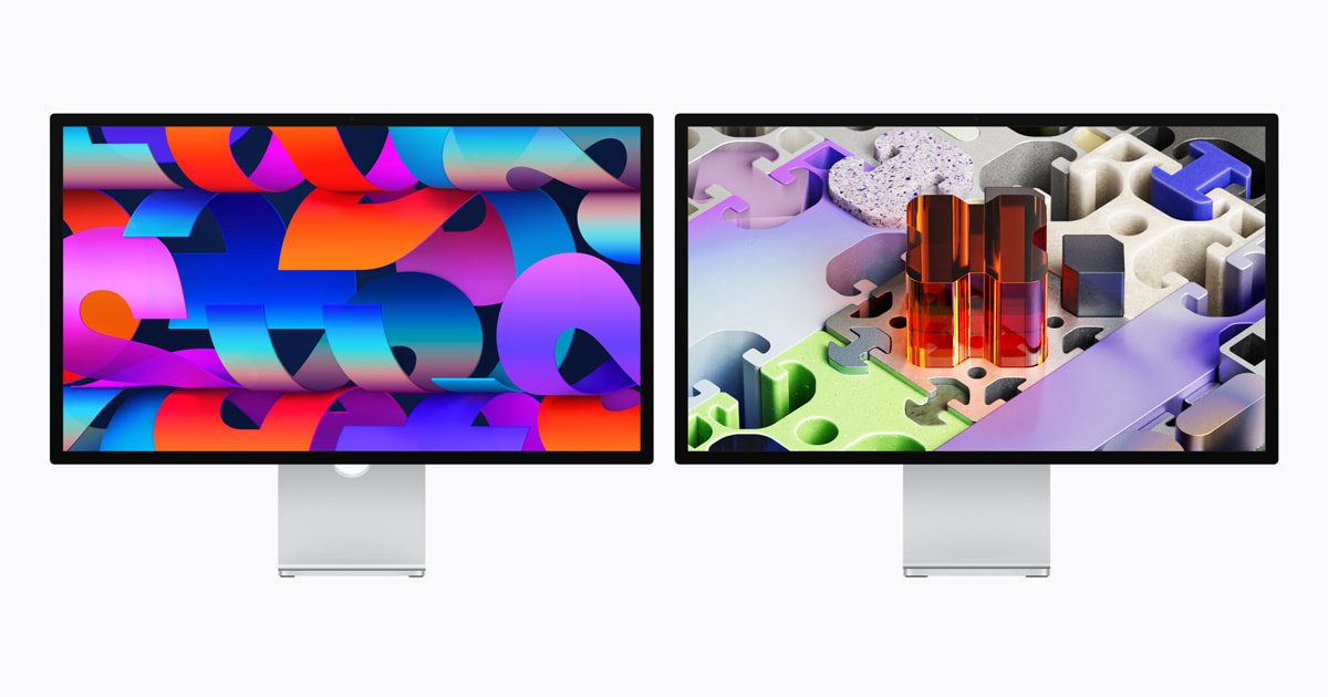 Apple Studio Display XDR shown front-on with a colourful desktop wallpaper