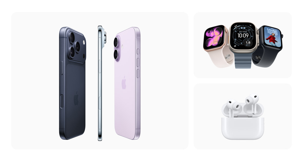 Apple promotional artwork previewing the next generation of iPhone, Apple Watch and AirPods