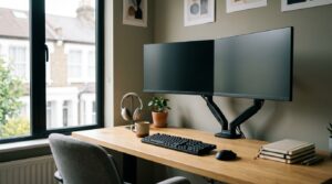 Dual monitor arms holding two screens on a tidy home-office desk