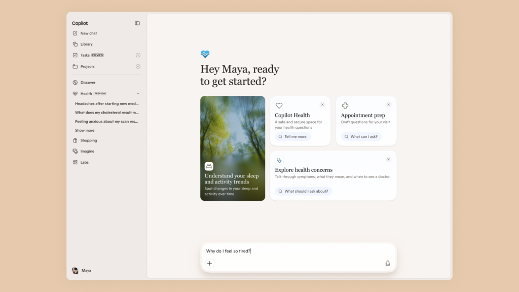 Microsoft Copilot interface used in a healthcare setting on a laptop
