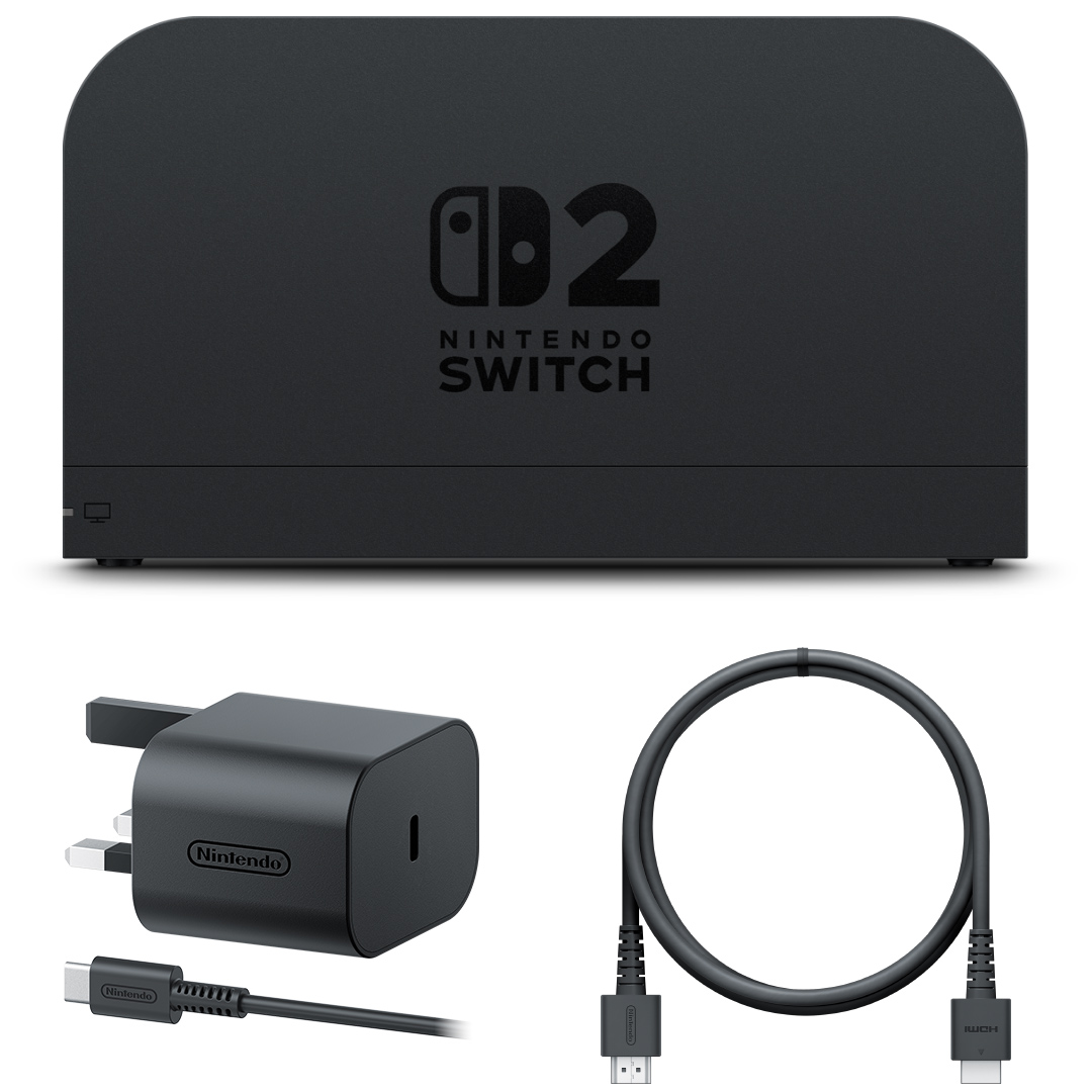 Nintendo Switch 2 Dock Set in white with HDMI cable and AC adapter included