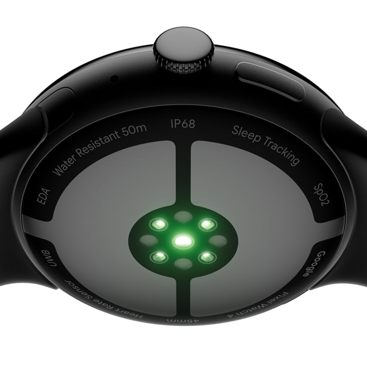 Underside of the Pixel Watch 4 showing the heart rate and health sensor array