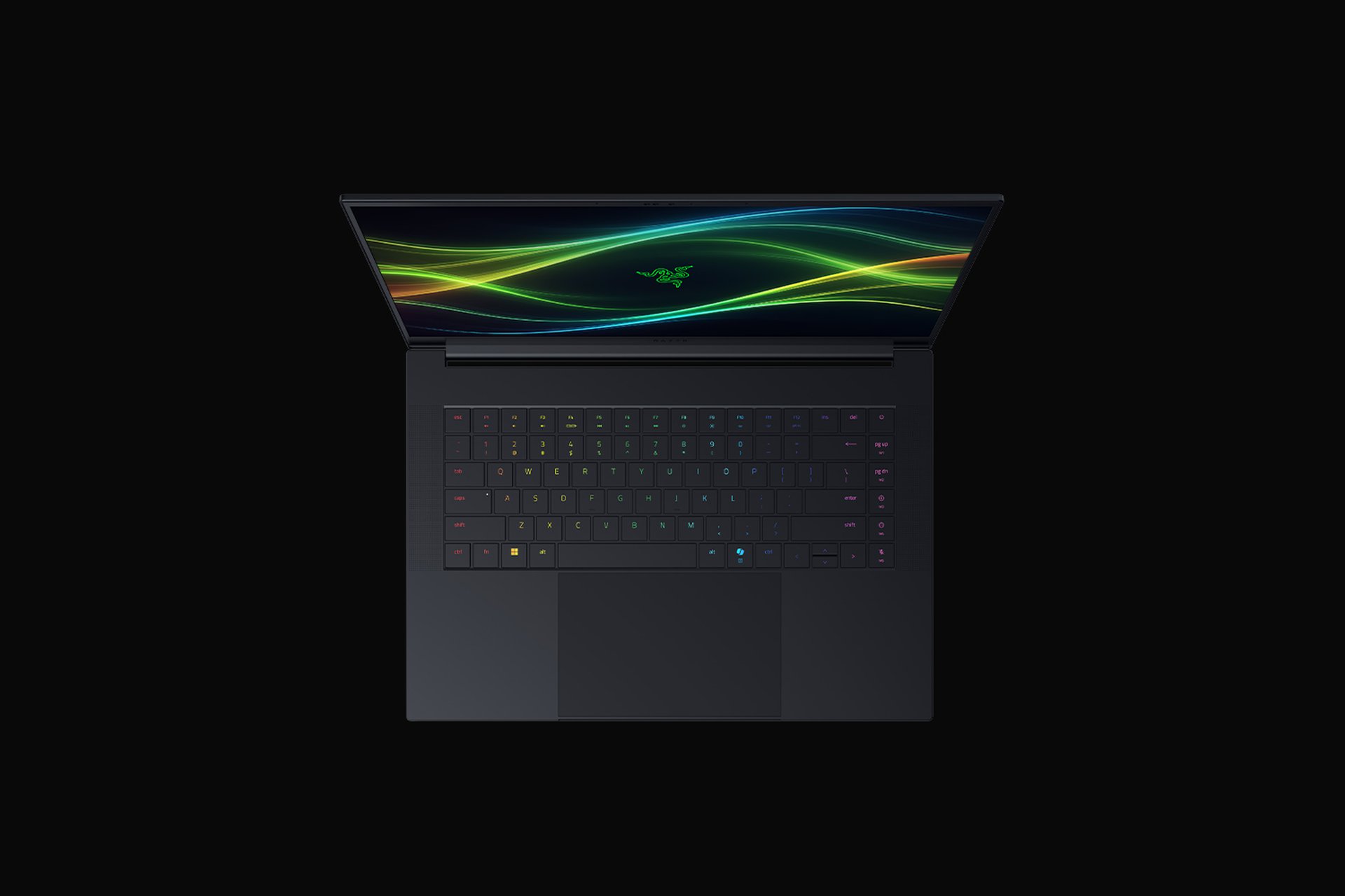 Top-down view of the Razer Blade 16 2026 keyboard deck and large glass trackpad