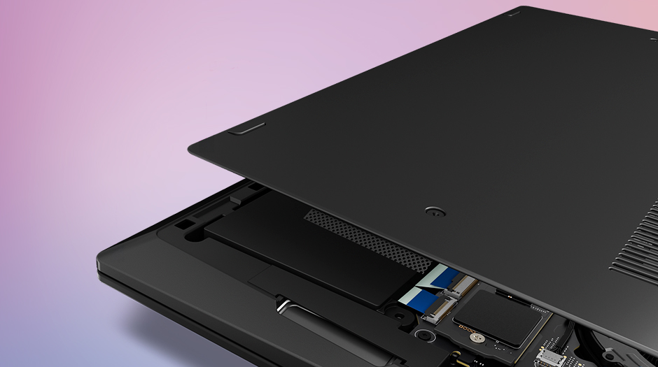 Close-up of the internal components under the opened back panel of the Lenovo ThinkPad X1 Carbon Gen 14