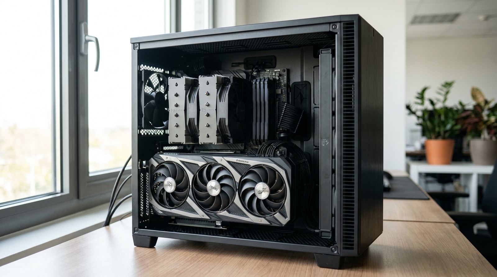 Interior of a workstation showing the graphics card and memory slots