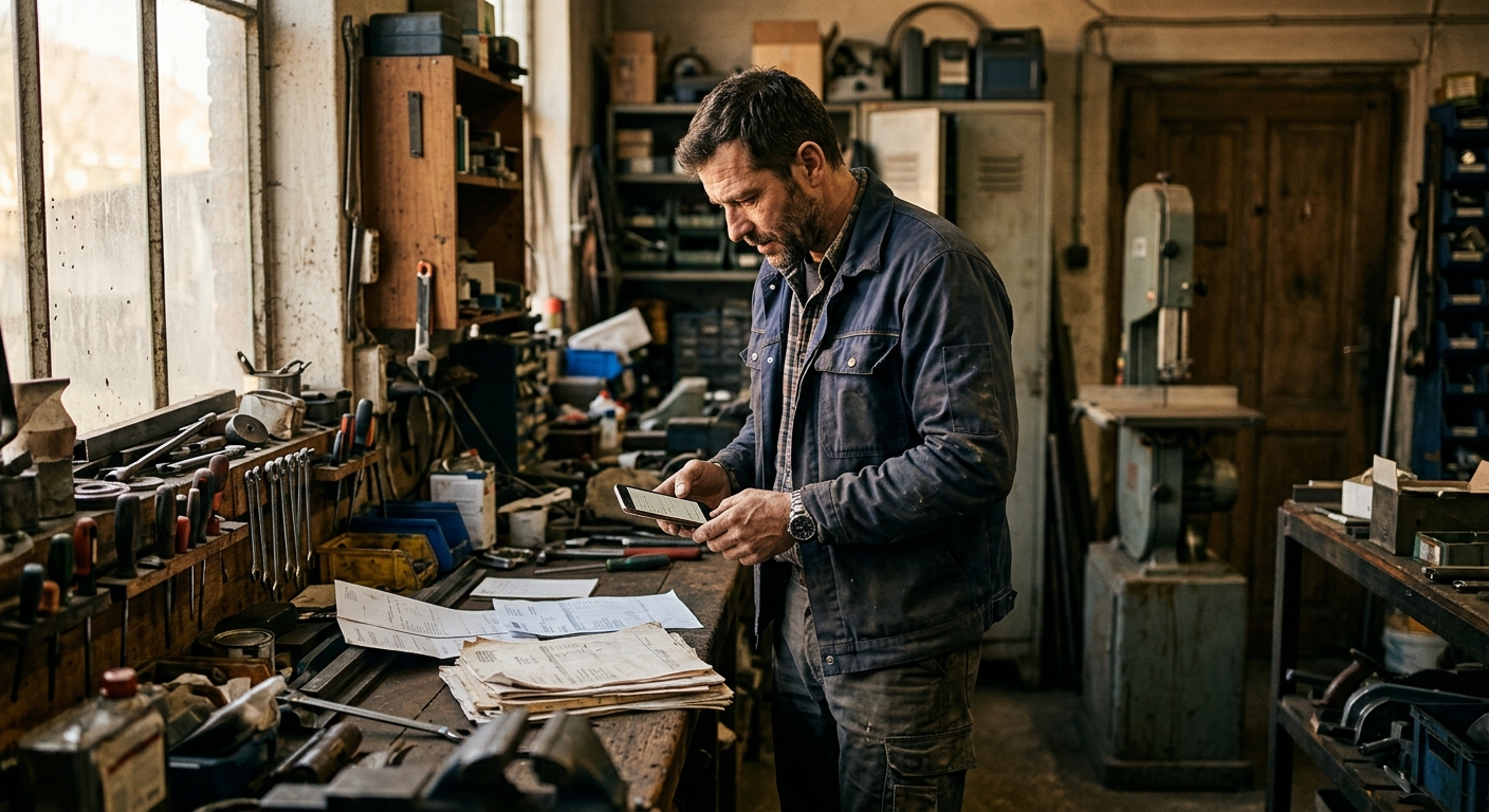 Tradesperson in a workshop checking invoices on a smartphone