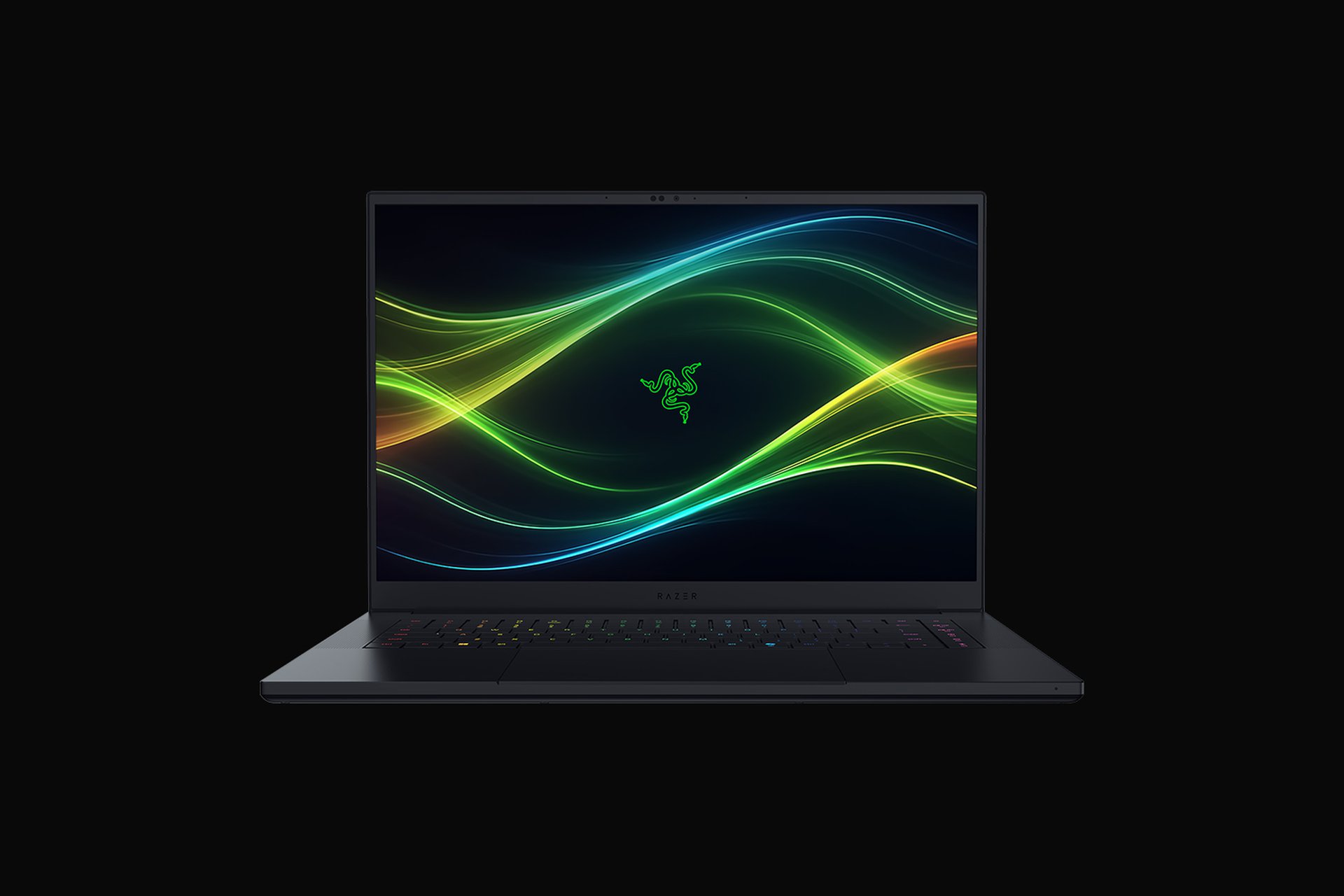 Razer Blade 16 2026 shown front on with the OLED screen open and the RGB keyboard lit