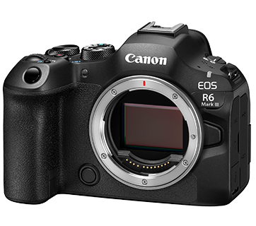Canon EOS R6 Mark III body front three-quarter view with empty RF mount