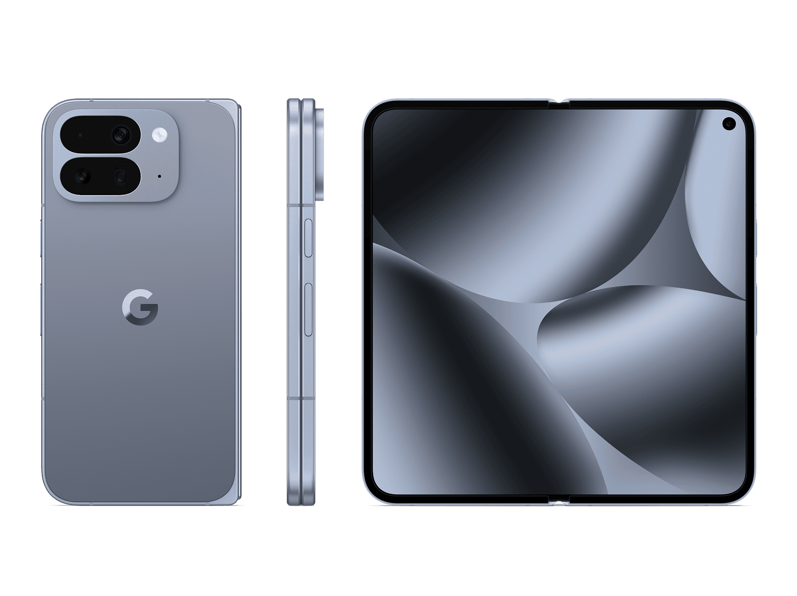 Current-generation Pixel 10 Pro Fold shown closed from the back, on its side and open with the inner display lit