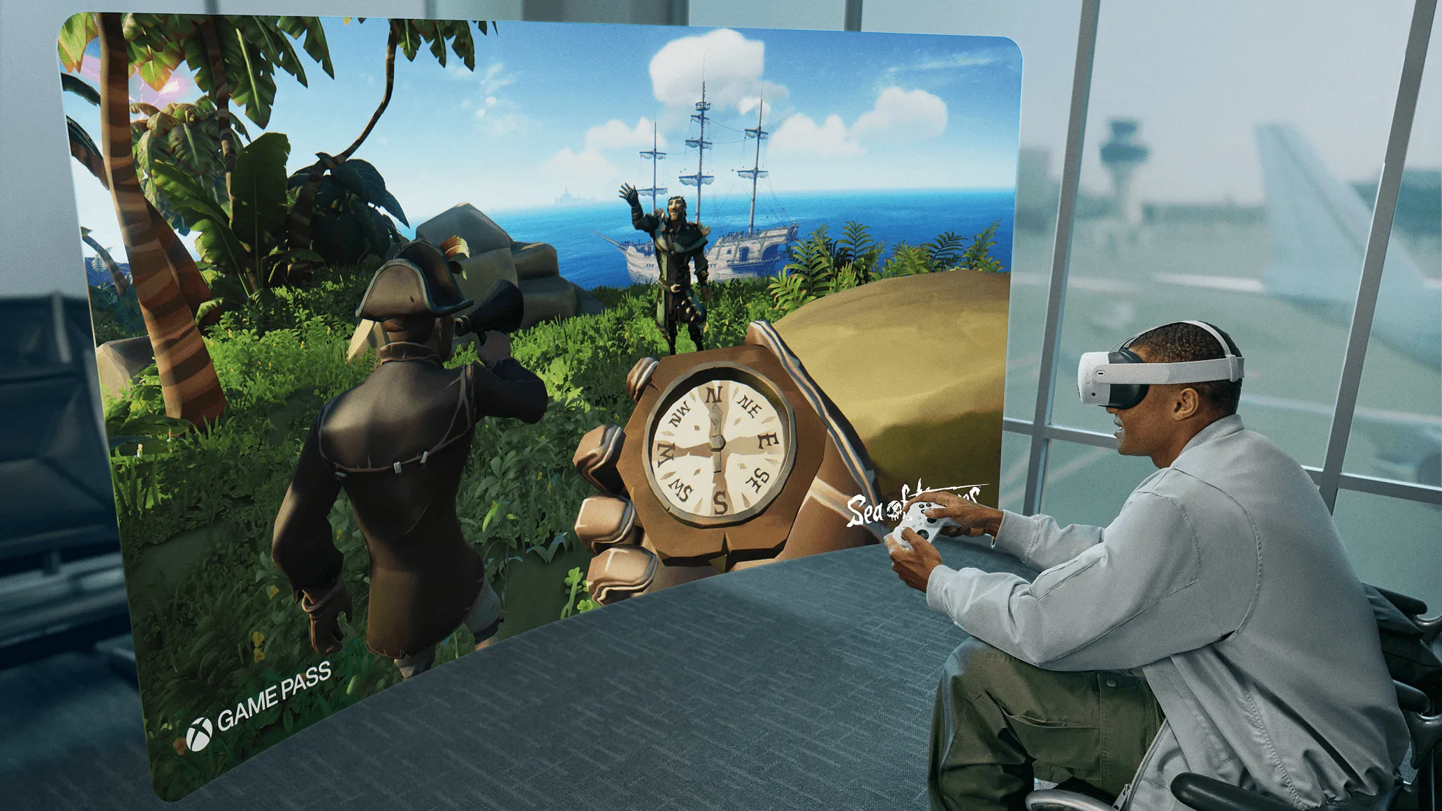 A person using mixed reality on the Meta Quest 3S to play an Xbox Game Pass title on a floating screen